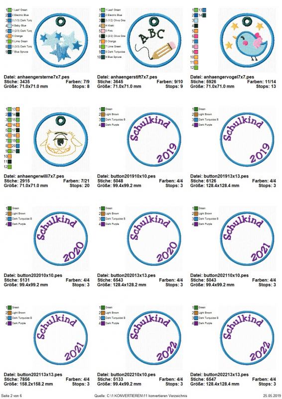 Stickdatei Set Schulanfang (div. Rahmengrößen), Übersicht mit 12 Dateien. 4 mal Anhänger (Sternhaufen; Bleistift "ABC", Vogel, Monsterkopf); 8 mal kreisrundes Emblem mit Schriftzug darin ("Schulkind 2019/2020/2021/2022").