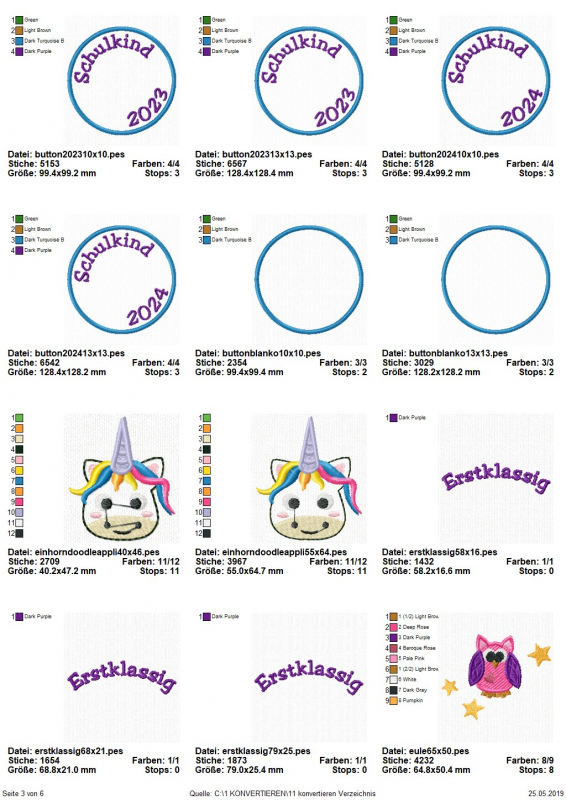 Stickdatei Set Schulanfang (div. Rahmengrößen), Übersicht mit 12 Dateien. 6 mal kreisrundes Emblem (2 mal blanko, 4 mal "Schulkind 2023/2024"); 3 mal Schriftzug "Erstklassig"; 2 mal Einhornkopf; 1 mal Eule.