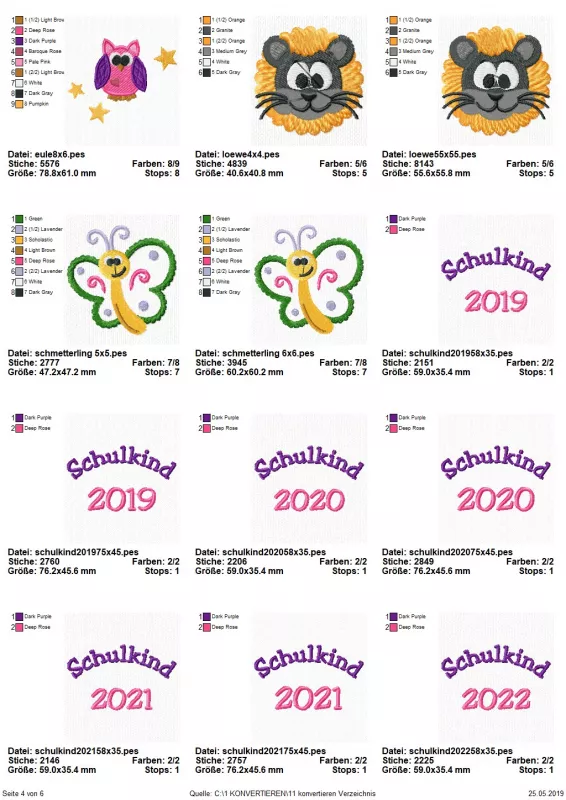 Stickdatei Set Schulanfang (div. Rahmengrößen), Übersicht mit 12 Dateien. 1 mal Eule; 2 mal Löwenkopf; 2 mal Schmetterling; 7 mal Schriftzug "Schulkind 2019/Schulkind 2020; Schulkind 2021; Schulkind 2022".