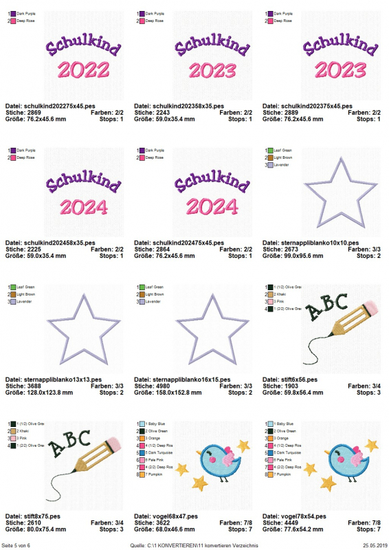 Stickdatei Set Schulanfang (div. Rahmengrößen), Übersicht mit 12 Dateien. 5 mal "Schulkind 2022/Schulkind 2023/Schulkind 2024"; 3 mal Stern; 2 mal Bleistift "ABC"; 2 mal Vogel.