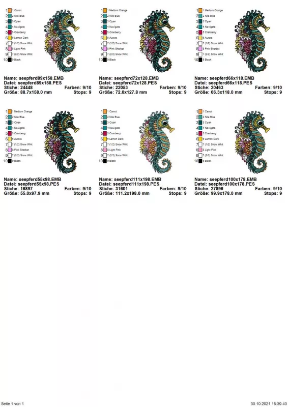 Übersicht Stickdatei Seepferd