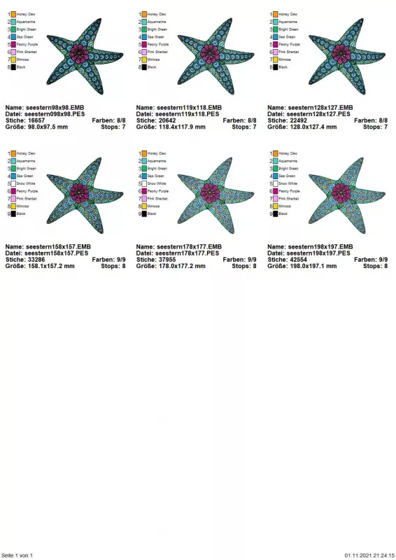 Stickdatei Set Seestern Übersicht Version 1 und 2