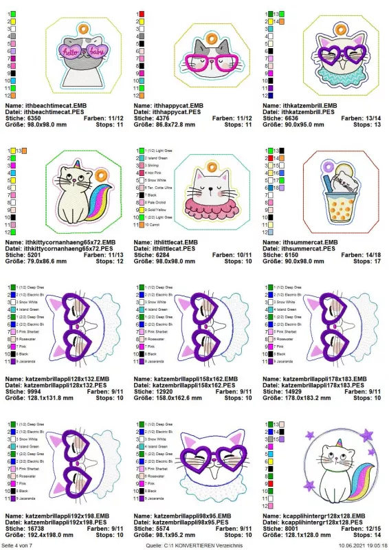 Stickdatei Spar-Set Cat Doodle Applikationen inkl. ITH Anhänger. Übersicht mit 6 Dateien für Anhänger (diverse Katzenköpfe/-büste/Einhorn-Katze) und 6 Applikationsdateien (Katzenköpfe, Einhorn-Katze).