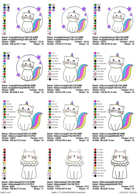 Stickdatei Spar-Set Cat Doodle Applikationen inkl. ITH Anhänger, Übersicht mit 12 Applikationsdateien. 9 mal Einhorn-Katze, diverse Ausführung; 3 mal Katze mit Halskrause.