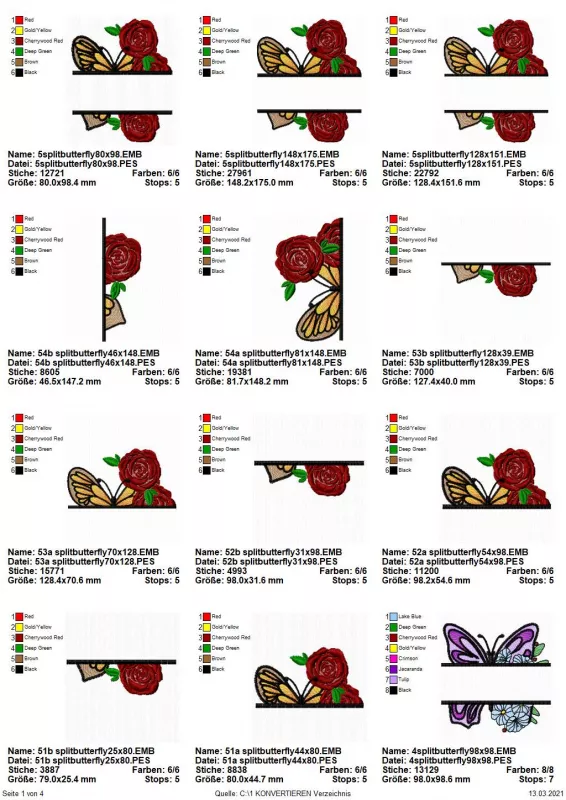 Stickdatei Sparset Splitted Butterflies in verschiedenen Größen. Übersicht mit 12 Dateien orange-blauer Schmetterling nebst Rosenblüten in pink, Aussparung für Schriftzug. Davon 3 mal ganzes Motiv, 4 mal nur obere Hälfte, 4 mal nur untere. Außerdem 1 mal 