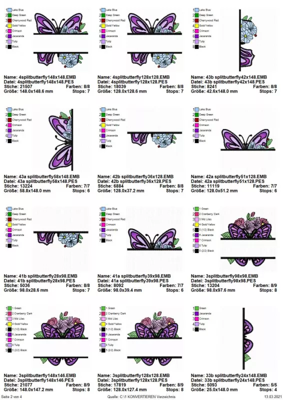 Stickdatei Sparset Splitted Butterflies in verschiedenen Größen. Übersicht über 12 Dateien, pink-rosa Schmetterling mit hellem Blütenbukett und querer Schriftzug-Aussparung davor. Davon 2 mal ganzes Motiv, 3 mal nur obere Hälfte, 3 mal nur untere. Außerde