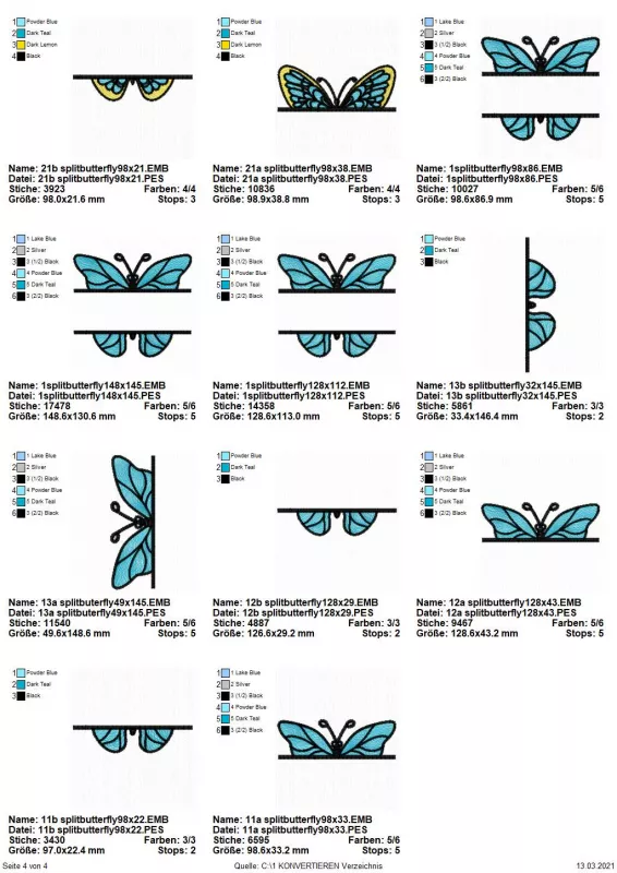Stickdatei Sparset Splitted Butterflies in verschiedenen Größen