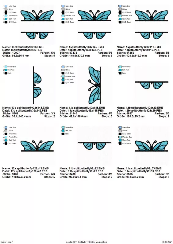 Stickdatei Split Butterfly 1, Übersicht über 9 Dateien. 3 mal türkis-schwarzer Schmetterling mit mittig quer davor befindlicher Aussparung für Schriftzüge. 3 mal nur obere Querhälfte, 3 mal nur untere.