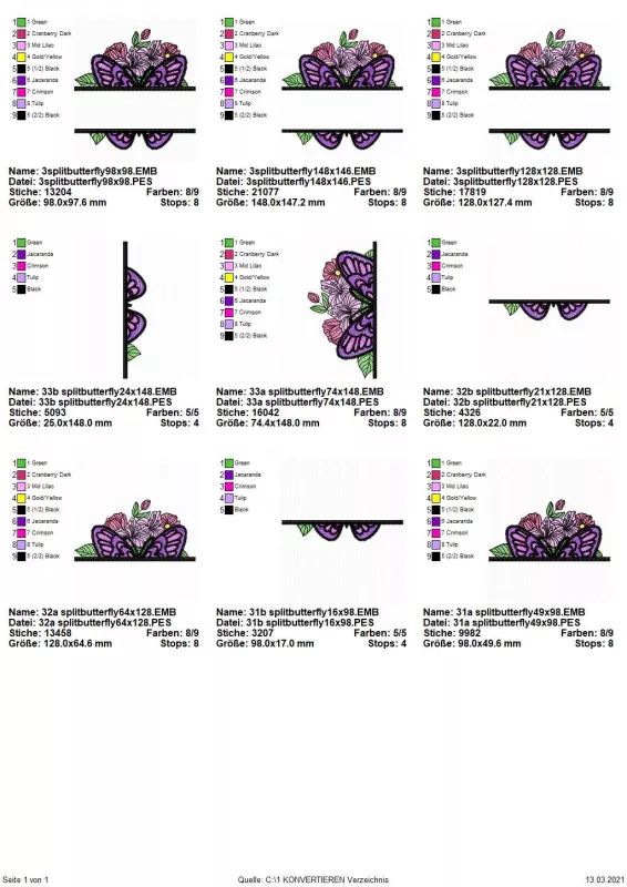 Stickdatei Split Butterfly 3, Übersicht mit 9 Dateien.3 mal bunter Schmetterling mit Blüten-Blätter-Stick dahinter, im Vordergrund quer freier Stickplatz. 3 mal nur Motivanteil oberhalb des Stickplatzes; 3 mal unterhalb davon.