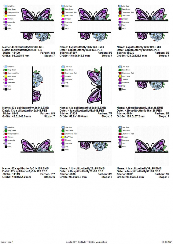 Stickdatei Split Butterfly 4, Übersicht mit 9 Dateien. 3 mal Blütenbukett vor Schmetterling, mittig Aussparung für Schriftzug. 3 mal nur Motivhälfte unterhalb des Schriftzugplatzes, 3 mal nur oberhalb des Schriftzugplatzes.