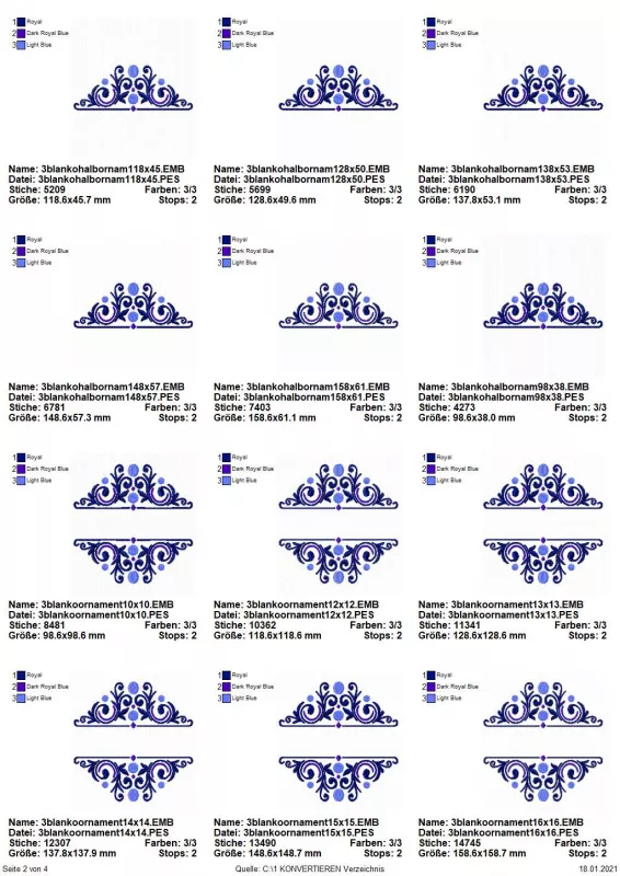 Stickdatei Set Split Ornamente für Monogramme (div. Größen), Übersicht mit 12 Dateien. 6 mal komplettes Schnörkelornament mit Schriftplatzaussparung; 6 mal hälftiger Anteil.