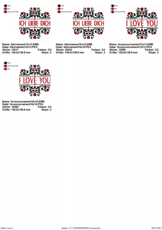Stickdatei Set Split Ornamente für Monogramme (div. Größen), Übersicht über 4 Dateien. Schnörkel-Ornament mit Schriftzug mittig im ausgesparten Bereich ("Ich liebe dich", bzw. "I love you").