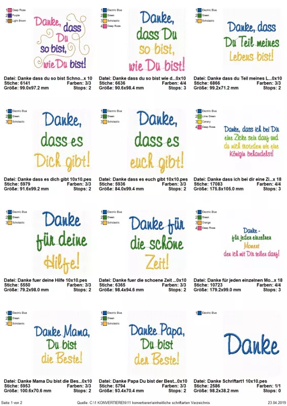 Stickdatei Set Danke Sprüche, Übersicht mit 12 Dateien. Schriftzüge, teilweise mit Schnörkelverzierung: "Danke, dass es dich gibt", "Danke, dass du so bist, wie du bist", "Danke, dass du Teil meines Lebens bist", "Danke für deine Hilfe", "Danke für die sc
