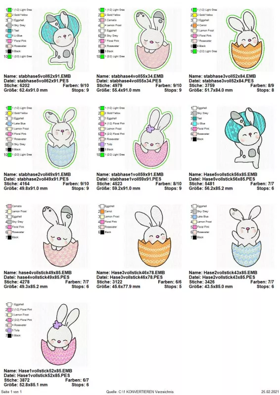 Stickdatei Set Osterhasen ITH Stabdesigns, Übersicht über 10 Designs. 8 mal diverse Hasen in halber Eierschale; 2 mal Hase, der Osterei stemmt.