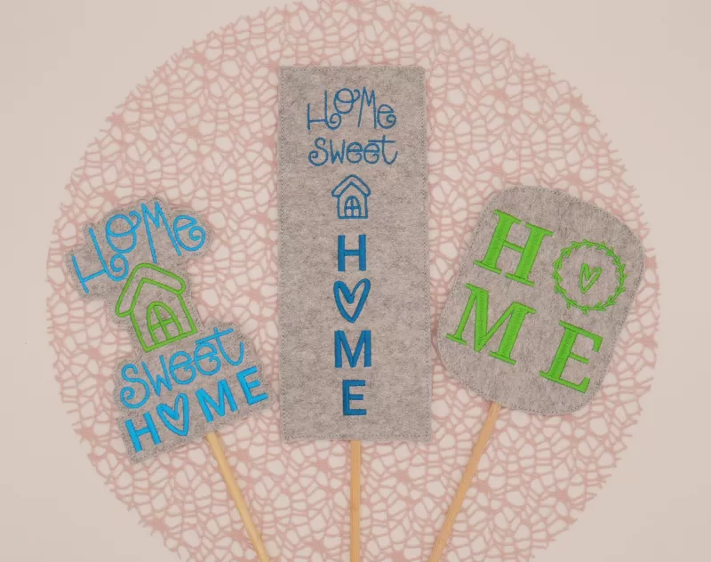Stickdatei Set ITH Schilder, Stabdeko in verschiedenen Varianten mit der Aufschrift Home oder Home Sweet Home