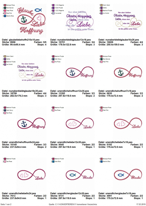 Stickdatei Set Glaube, Liebe, Hoffnung (div. Rahmengrößen), Übersicht mit 12 Dateien. 9 mal liegende 8 mit einzelnem Wort ("Glaube", bzw. "Liebe", bzw. "Hoffnung") und entsprechendem Symbol, dabei 1 mal mit allen 3 Begriffen/Symbolen. 3 mal
Schriftzug "N