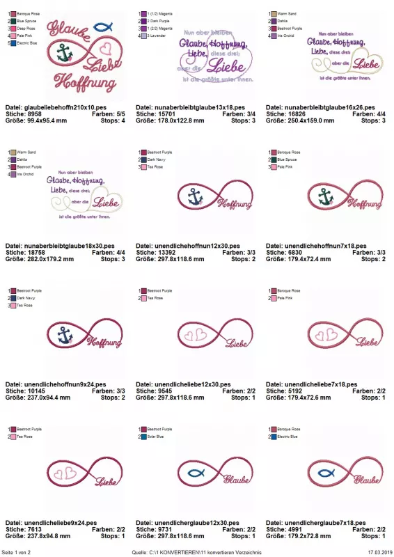 Stickdatei Set Glaube, Liebe, Hoffnung (div. Rahmengrößen), Übersicht mit 12 Dateien. 9 mal liegende 8 mit einzelnem Wort ("Glaube", bzw. "Liebe", bzw. "Hoffnung") und entsprechendem Symbol, dabei 1 mal mit allen 3 Begriffen/Symbolen. 3 mal Schriftzug "N