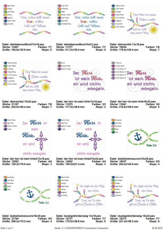 Stickdatei Set christliche Sprüche und Bibelverse, Übersicht mit 12 Dateien. Diverse christliche Sprüche mit jeweils schnörkeliger Bestickung, bzw. christlichen Symbolen.