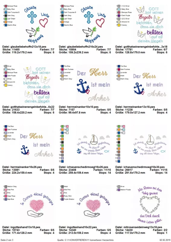 Stickdatei Set christliche Sprüche und Bibelverse, Übersicht zeigt 12 Dateien. Alle mit diversen christlichen Sprüchen und Bestickung mit christlichen Symbolen.