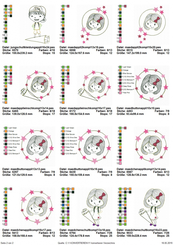 Stickdatei Set Schulkinder Sophie und Liam (div. Rahmengrößen), Übersicht mit 12 Dateien. 1 mal stehender Junge mit liegender Schultüte; 7 mal Mädchenkopf im Sternenkreis, dabei 2 mal mit Schultüte; 2 mal umkreister Mädchenkopf mit Sternenansammlungen; 2 