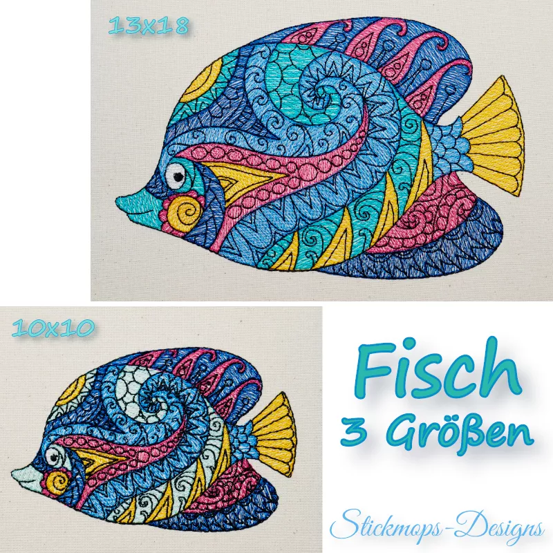Fisch mit Mandalamuster in verschiedenen Blautönen, rosa und gelb gestickt