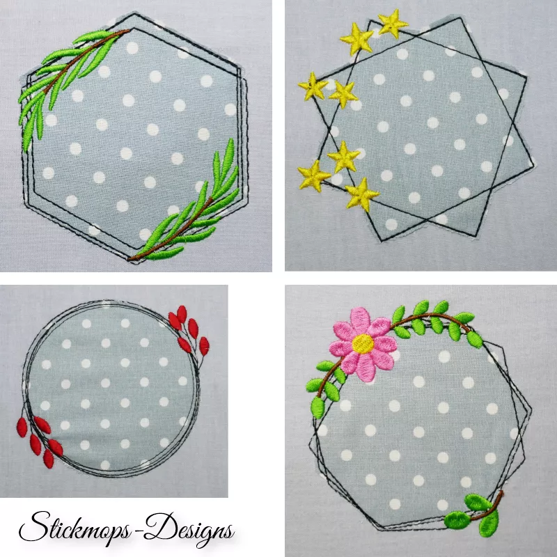 Stickdatei Set Floral Frames Doodle Applikationen, 4 Fotos mitApplikationen grauer, weißgepunkteter Stoff auf grauem Untergrund. Unterschiedliche Abstickungen: Rund-beuliger Kranz mit Blüte und Blattzweigen; Sechseck mit Balttzweigen