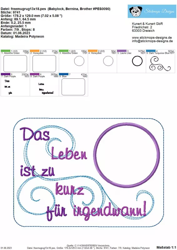 Freebie Stickdatei ITH Mug Rug 2 (13x18 Rahmen), Abbildung mit ausgesticktem komplettem Tassenteppich nebst Übersicht mit 9 Dateien. Die einzelnen Dateien ergeben einen gesamten Mugrug (dreimal Umrandung, dreimal Abstellplatz, einmal Schnörkel, einmal ers