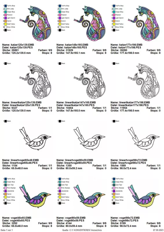 Übersicht Vogel und Katze als Lineart und mit bunten Curved Fills.