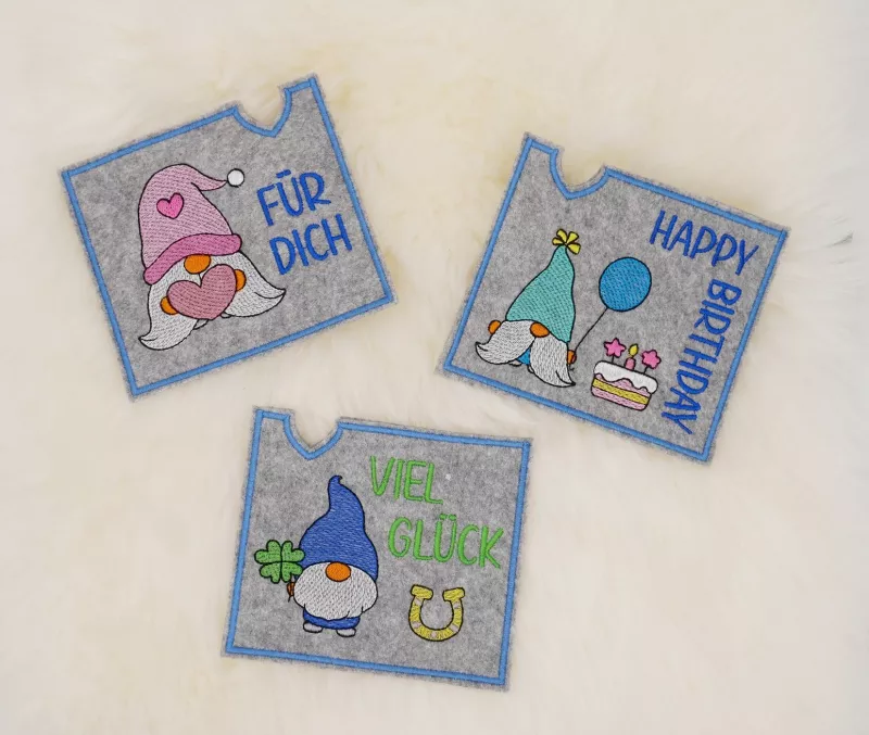 Stickdatei Set ITH Schokohüllen Gnome & Einzelmotive zum Geburtstag.