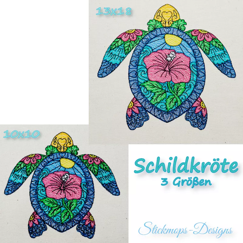 Schildkröte mit Mandalamuster in verschiedenen Blautönen rosa gelb und grün gestickt
