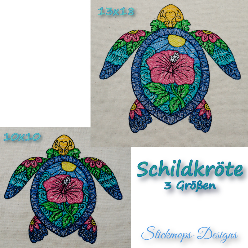 Schildkröte mit Mandalamuster in verschiedenen Blautönen rosa gelb und grün gestickt