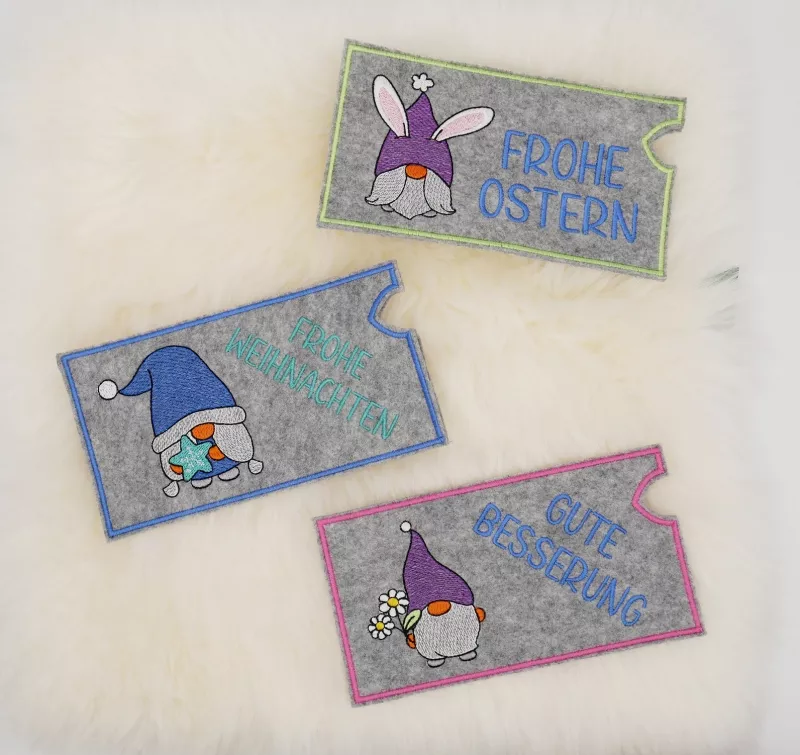 Stickdatei Set ITH Schokohüllen Gnome & Einzelmotive zum Geburtstag oder anderen Anlässen.