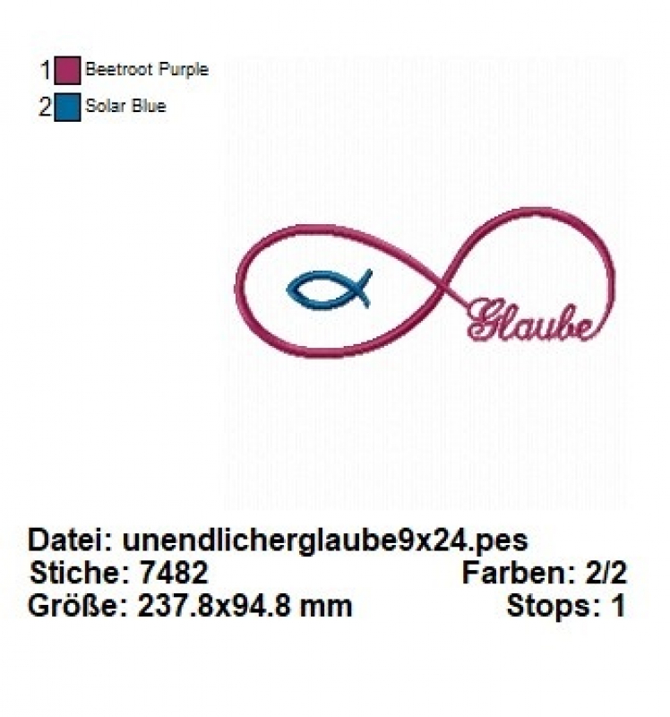 Stickdatei Set Glaube, Liebe, Hoffnung (div. Rahmengrößen), Übersicht mit 1 Datei. Liegende 8 mit Wort ("Glaube") und Fischsymbol.