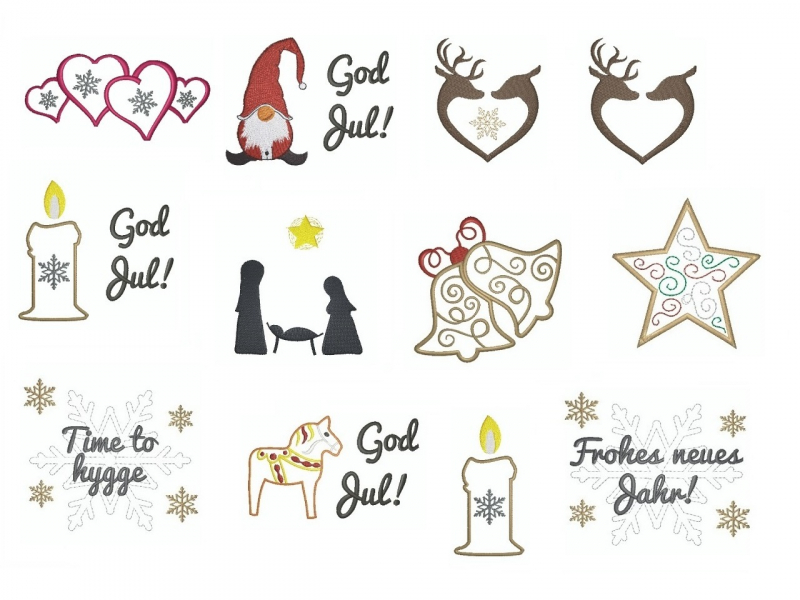 Stickdatei Set Wintermotive (10x10 u. 13x18 Rahmen), Übersicht zeigt 12 Dateien. Diverse Weihnachts- und Wintermotive, teilweise mit Schriftzug zu Weihnachten und zum Jahreswechsel.