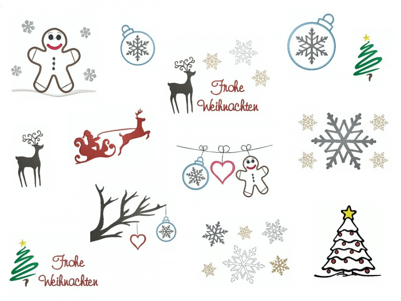 Stickdatei Set Wintermotive (10x10 u. 13x18 Rahmen), Übersicht mit diversen Dateien. Weihnachts-/Wintermotive, teilweise weihnachtlicher Schriftzug.