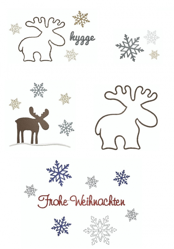 Stickdatei Set Wintermotive (10x10 u. 13x18 Rahmen), Übersicht mit 5 Dateien. 3 mal Elche, teilweise mit Schriftzug "hygge", bzw. Sternen; 1 mal Schriftzug "Frohe Weihnachten" mit Sternen/Eiskristallen; 1 mal Eiskristall/Sterne.