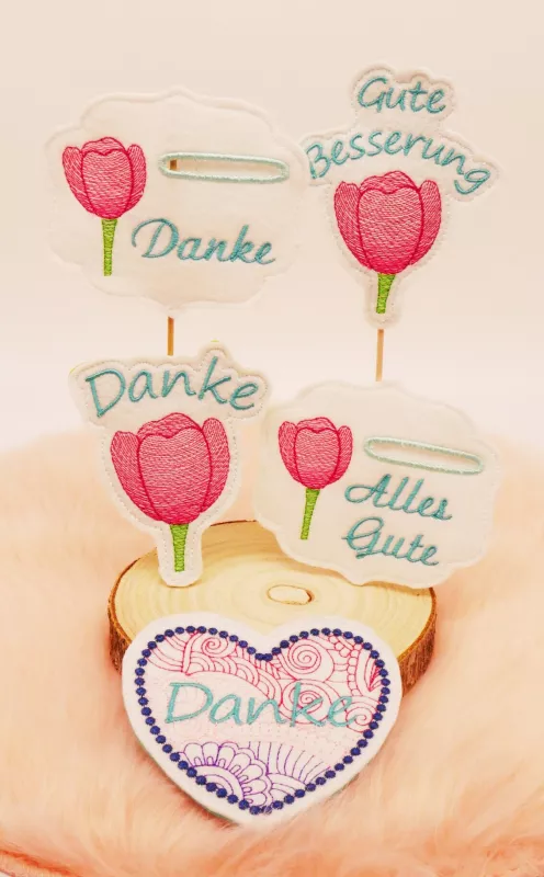 Stabdeko mit Schriftzug Danke und Tulpe für Blumendeko und mit Einsteckschlitz Geldgeschenke.