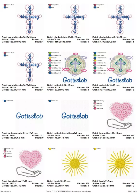 Stickdatei Set christliche Symbole, Übersicht mit zwölf Dateien. Zweimal Sonne, zweimal Herz über Hand, zweimal Schriftzug "Gotteslob", zweimal Kreuzschein mit Fischen und Schriftzug "Gotteslob", viermal "Glaube, Liebe, Hoffnung" in Kreuzanordnung.