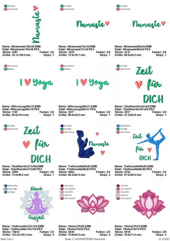 Übersicht Yoga Stickdateien Seite 2