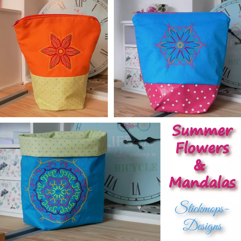 Stickdatei Set Summer Flowers & Mandalas (div. Größen), Foto-Trilogie mit 3 diversen Ausfertigungen. 2 Taschen mit Reißverschluss, 1 Utensilo. Jeweils aus diversen Stoffen mit Stickmotiv: Blütenartig, mal filigraner, mal dichter im Muster.