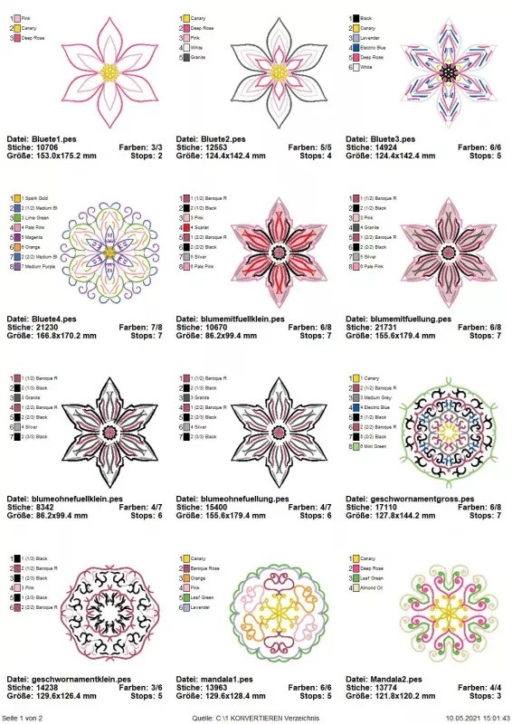 Stickdatei Set Summer Flowers & Mandalas (div. Größen), Übersicht mit 12 Dateien. Diverse blüten- bzw. sternartige Muster, teils in rundlichem Design. Motive mal filigraner, mal dichter im Muster.