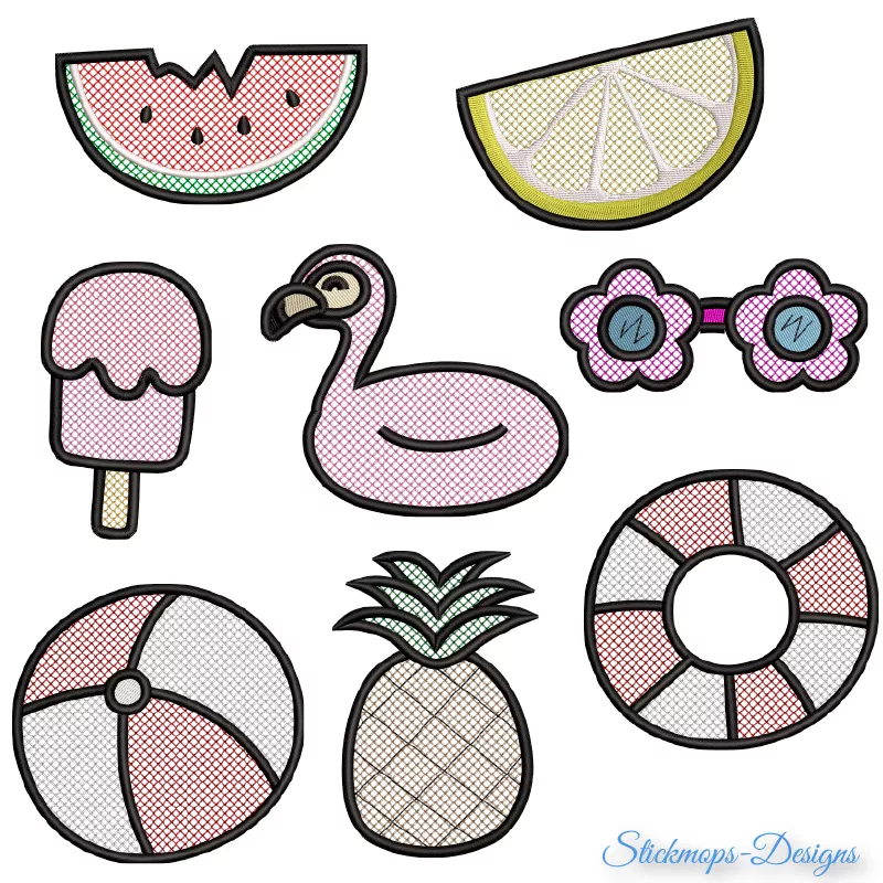 Stickdatei Set Summergnomes Handtuchmotive, Abbildung zeigt 8 diverse Stickmotive in dezenten Farben: Angebissenes Wassermelonenstück, Zitronenspalte, Stieleis, Wassertier "Flamingo", Blümchenbrille, Ball, Rettungsring, Ananas.