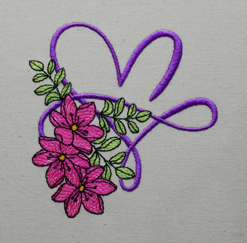 Geschwungene Linie die ein Herz bildet mit pinkem Blumenbouquet. Geschwungene Linie die ein Herz bildet mit pinkem Blumenbouquet.