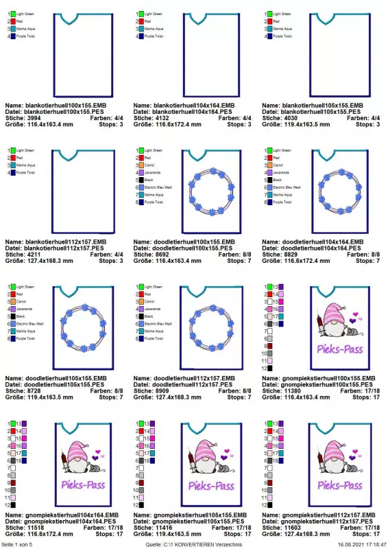 Stickdatei Set ITH TIERPASS-Hüllen 13 Designs (13x18), Übersicht mit 12 Dateien in Hochkantformat, unterschiedliche Maße. 4 mal Blanko, 4 mal Pfotenabdruck-Kranz, 4 mal Gnom mit Spritze und Schriftzug "Pieks-Pass".