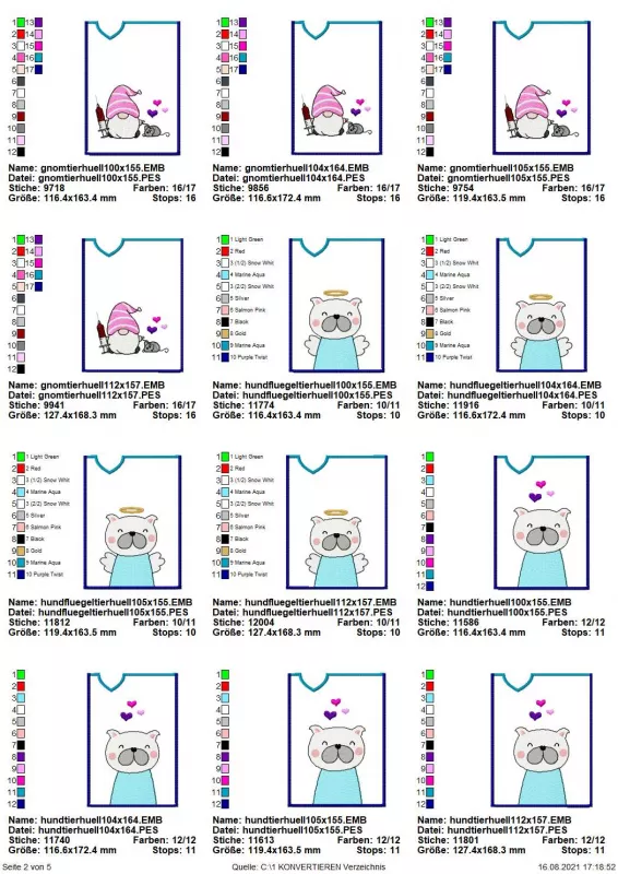 Stickdatei Set ITH TIERPASS-Hüllen 13 Designs (13x18), Übersicht mit 12 Hochkantformat-Dateien mit unterschiedlichen Maßen. 4 mal Gnom mit Spritze; 8 mal Hund in leicht variablem Design.