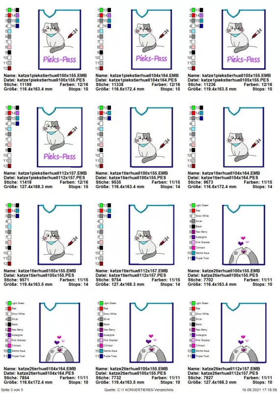 Stickdatei Set ITH TIERPASS-Hüllen 13 Designs (13x18), Übersicht zeigt 12 Hochkantformat-Dateien unterschiedlicher Maße. 4 mal Gnom mit Spritze; 8 mal Hund in leicht variablem Design. 4 mal Katze und Spritze und Schriftzug "Pieks-Pass", 4 mal ohne Schrift