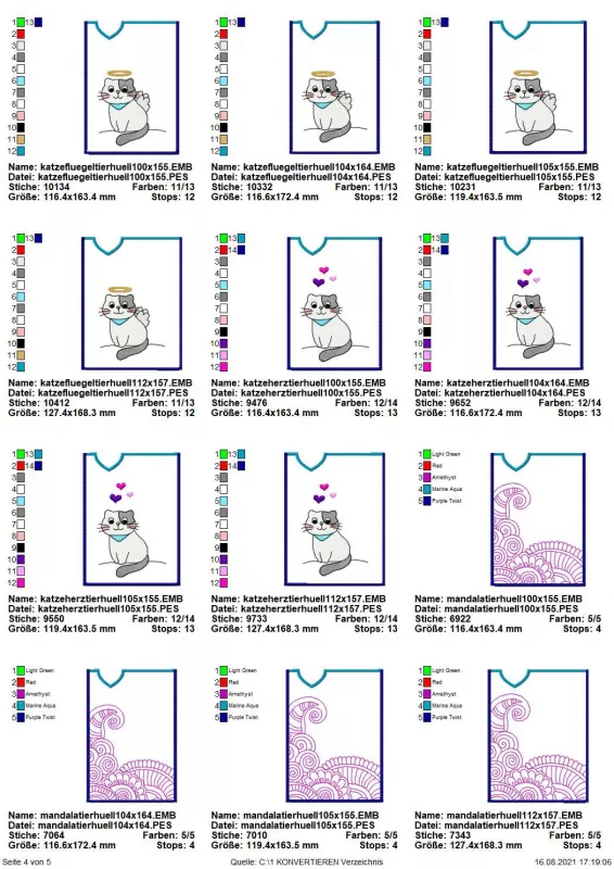 Stickdatei Set ITH TIERPASS-Hüllen 13 Designs (13x18), Übersicht zeigt 12 Hochkantformat-Dateien in diversen Größen. 4 mal Katze mit Heiligenschein; 4 mal Katze mit Herzchen; 4 mal graziles Wellenmuster über die halbe Fläche.