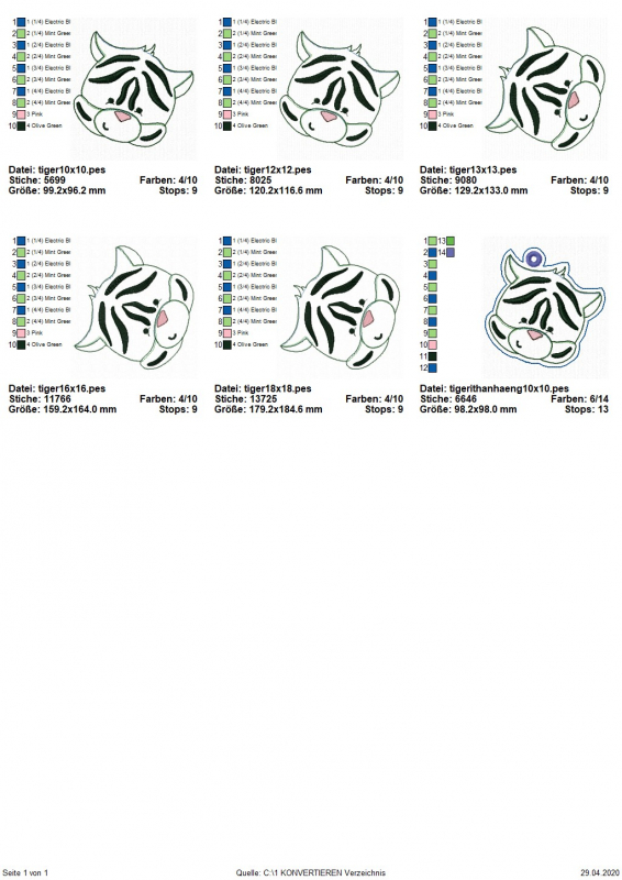 Stickdatei Tiger Applikation in 5 Größen + ITH Anhänger, Übersicht mit 6 Dateien. 5 mal für Applikation Tigerkopf; 1 mal für stoffgeösten Tigerkopf-Anhänger.