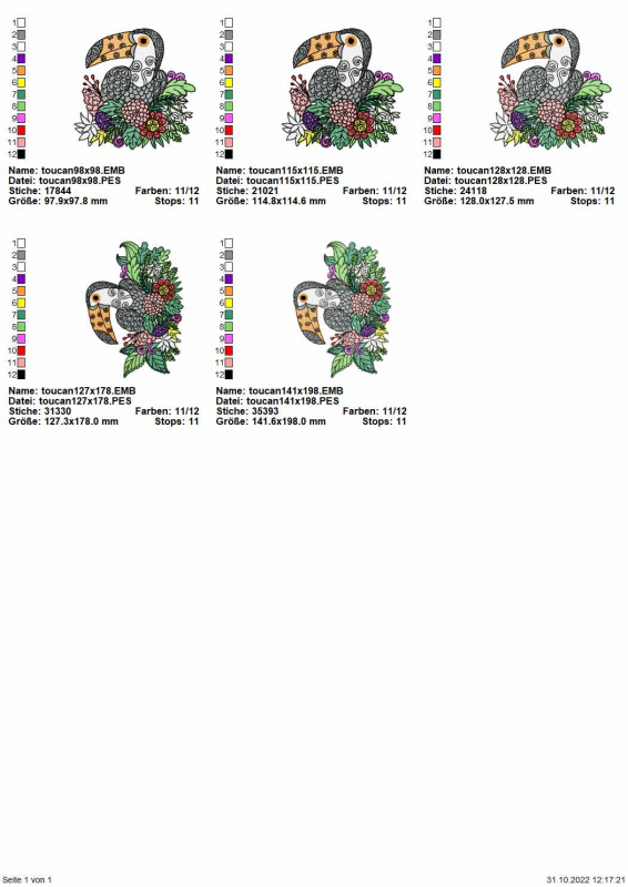 Stickdatei Set Toucan Übersicht