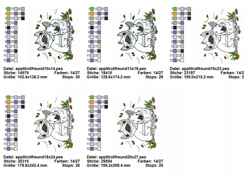 Stickdatei Trollfreundschaft Applikation (5 Größen), Übersicht mit 5 Dateien. Troll, der Wildschwein umarmt.